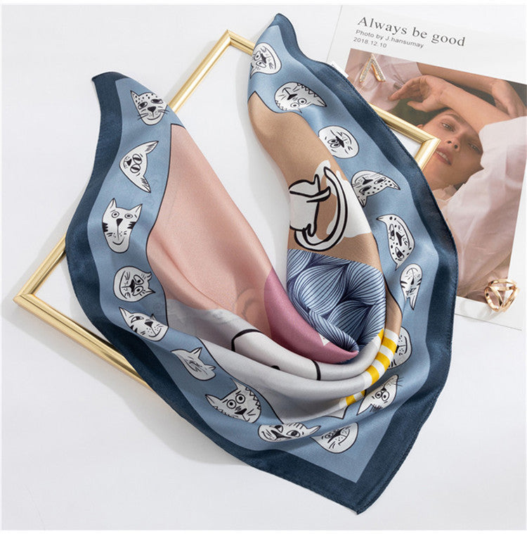 100% Mulberry Silk Scarf | Whimsical Cat Print & Curling Details