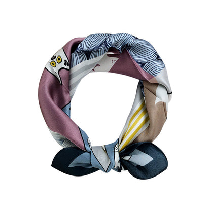 100% Mulberry Silk Scarf | Whimsical Cat Print & Curling Details