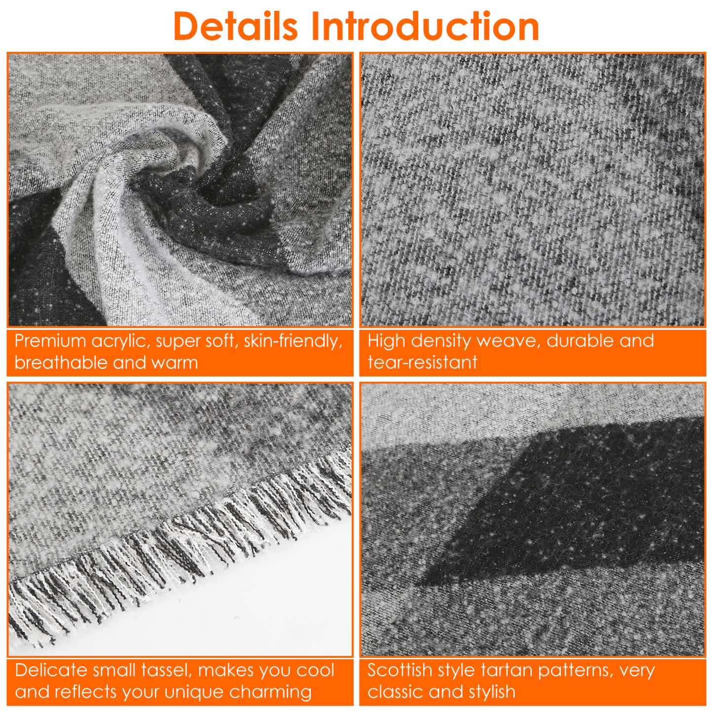 Women's Soft Gray Blanket Plaid Shawl