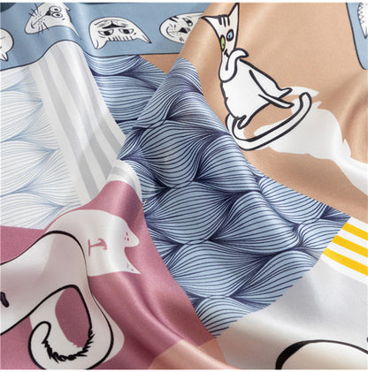 100% Mulberry Silk Scarf | Whimsical Cat Print & Curling Details
