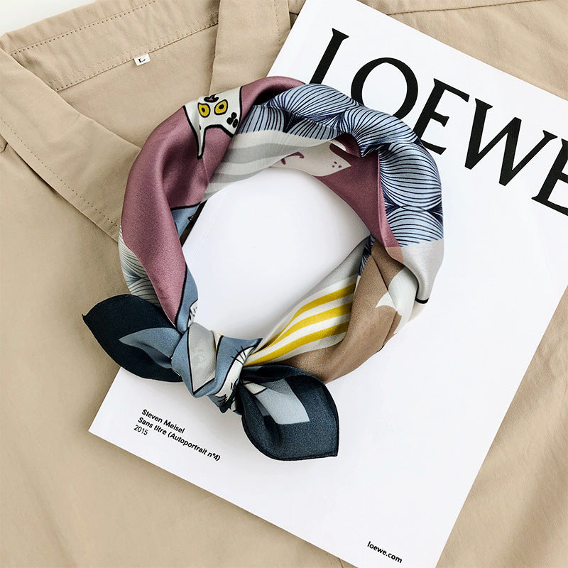 100% Mulberry Silk Scarf | Whimsical Cat Print & Curling Details
