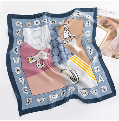100% Mulberry Silk Scarf | Whimsical Cat Print & Curling Details