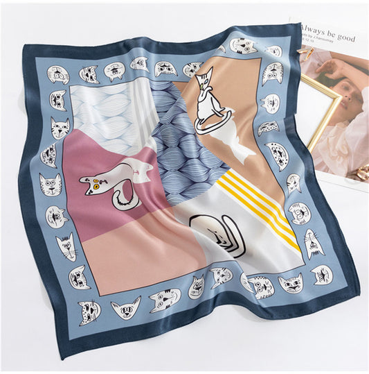100% Mulberry Silk Scarf | Whimsical Cat Print & Curling Details
