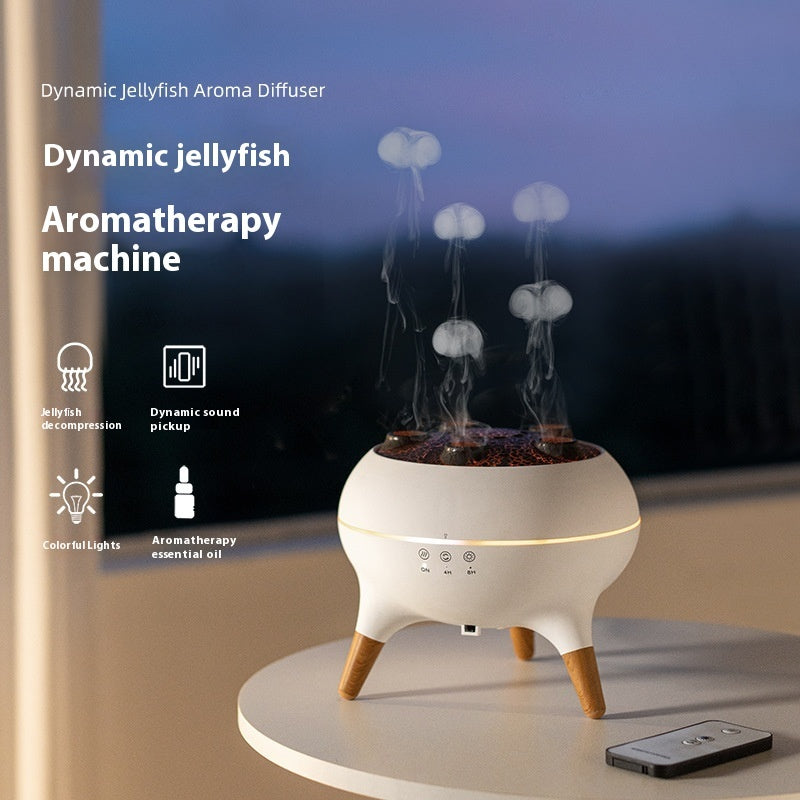 Dynamic jellyfish aroma diffuser with steam rising, placed on a surface with a phone beside it.