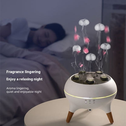 Aromatherapy diffuser on a bedside table with a person sleeping in the background.