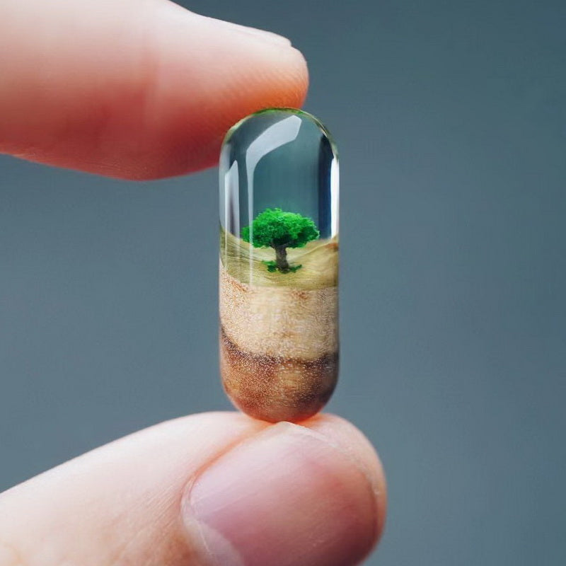 Clear capsule with a miniature landscape including a tree held between fingers against a gray background