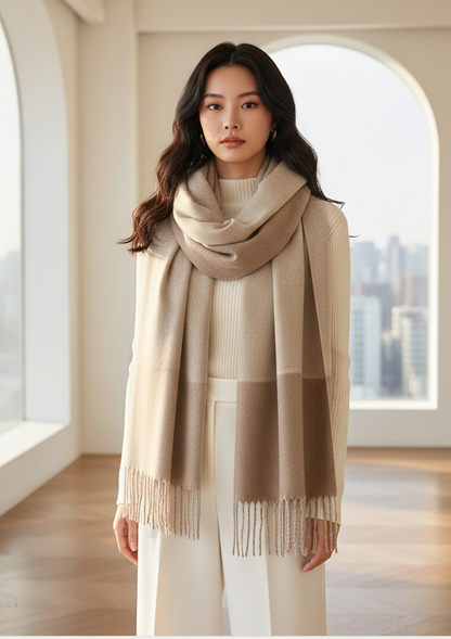 Woman wearing a large beige scarf in a room with large windows.