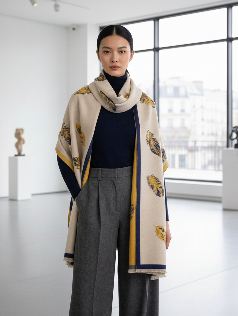 Woman wearing a patterned scarf in a modern indoor setting