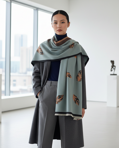 Woman wearing a stylish outfit with a large green scarf featuring brown patterns, standing in a modern indoor setting.