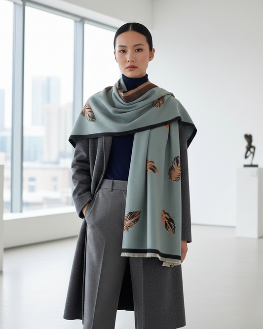 Woman wearing a stylish outfit with a large green scarf featuring brown patterns, standing in a modern indoor setting.