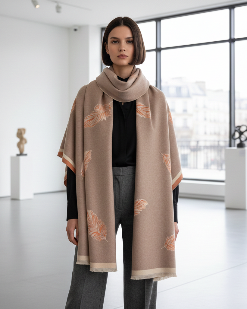 Woman wearing a beige scarf with floral patterns in a modern indoor setting
