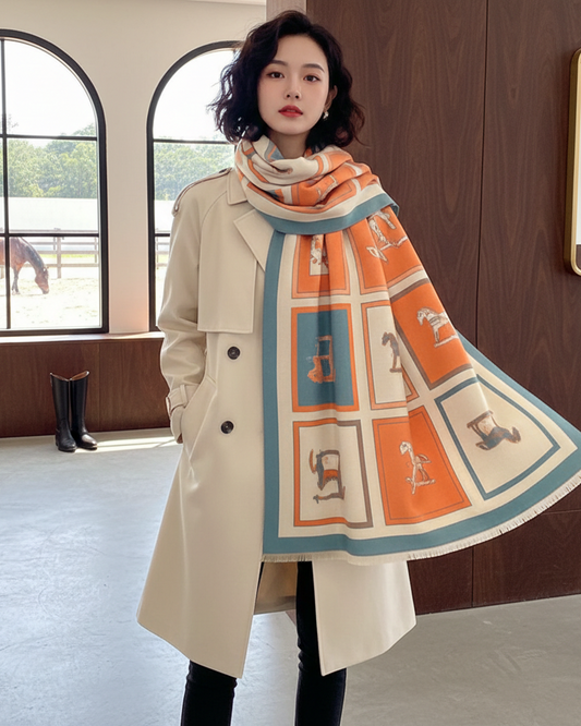Woman wearing a beige trench coat and colorful scarf indoors.