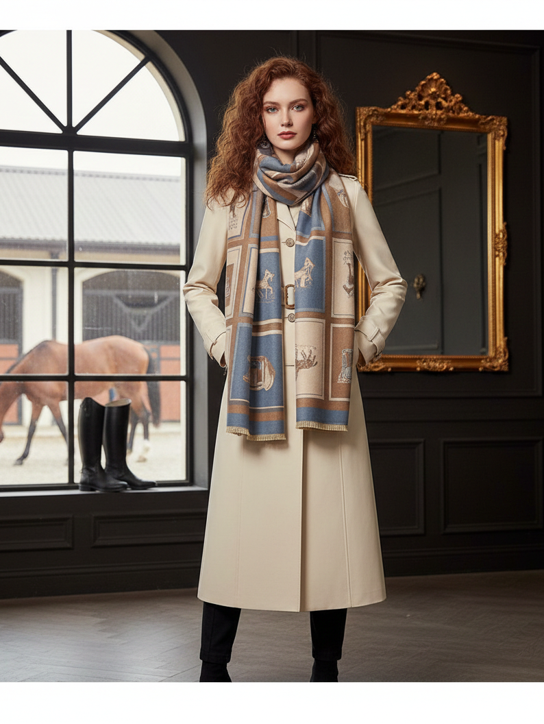 Woman wearing a long coat and patterned scarf in a room with a window showing horses.