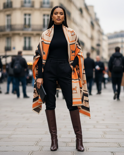 Woman wearing a patterned coat and black outfit in an urban setting