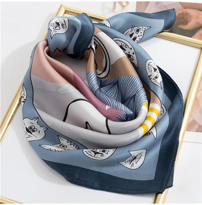 100% Mulberry Silk Scarf | Whimsical Cat Print & Curling Details