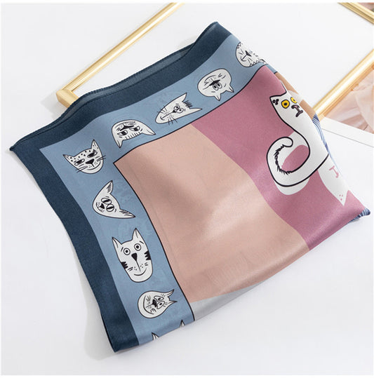 100% Mulberry Silk Scarf | Whimsical Cat Print & Curling Details