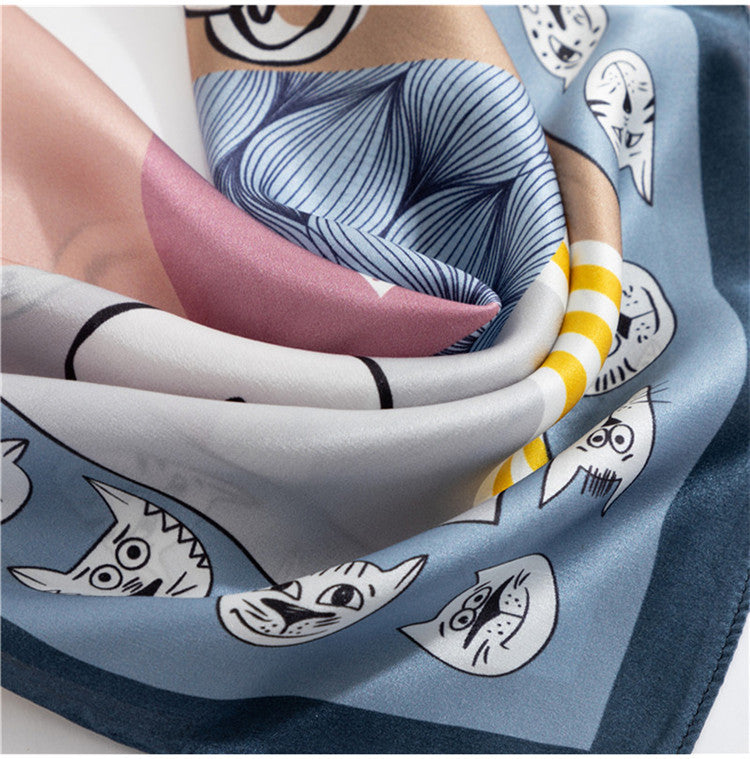 100% Mulberry Silk Scarf | Whimsical Cat Print & Curling Details