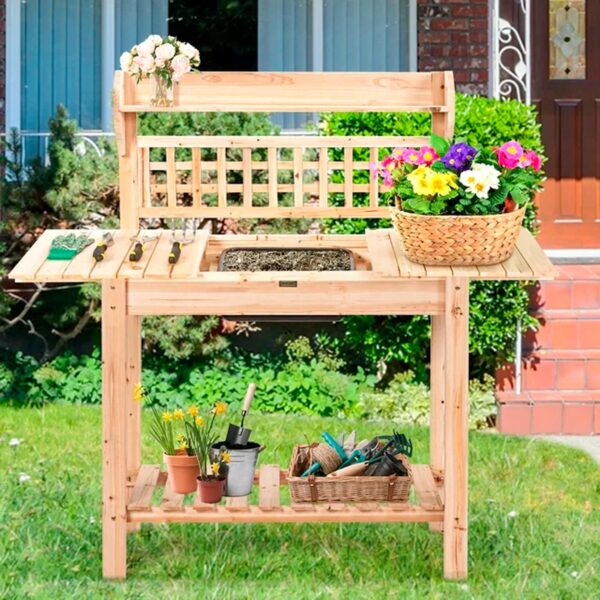 Costway Garden Potting Bench Workstation Table w_Sliding Tabletop Sink Shelves - Image 2